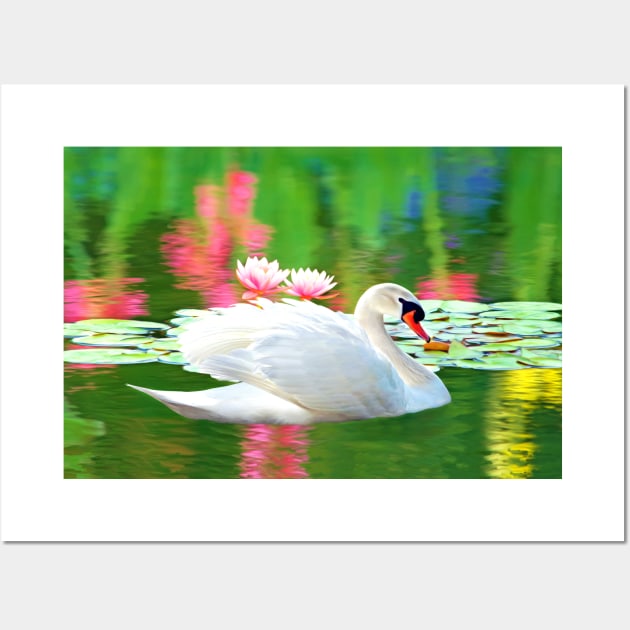 White Swan and Pink Lotus Flowers Wall Art by lauradyoung